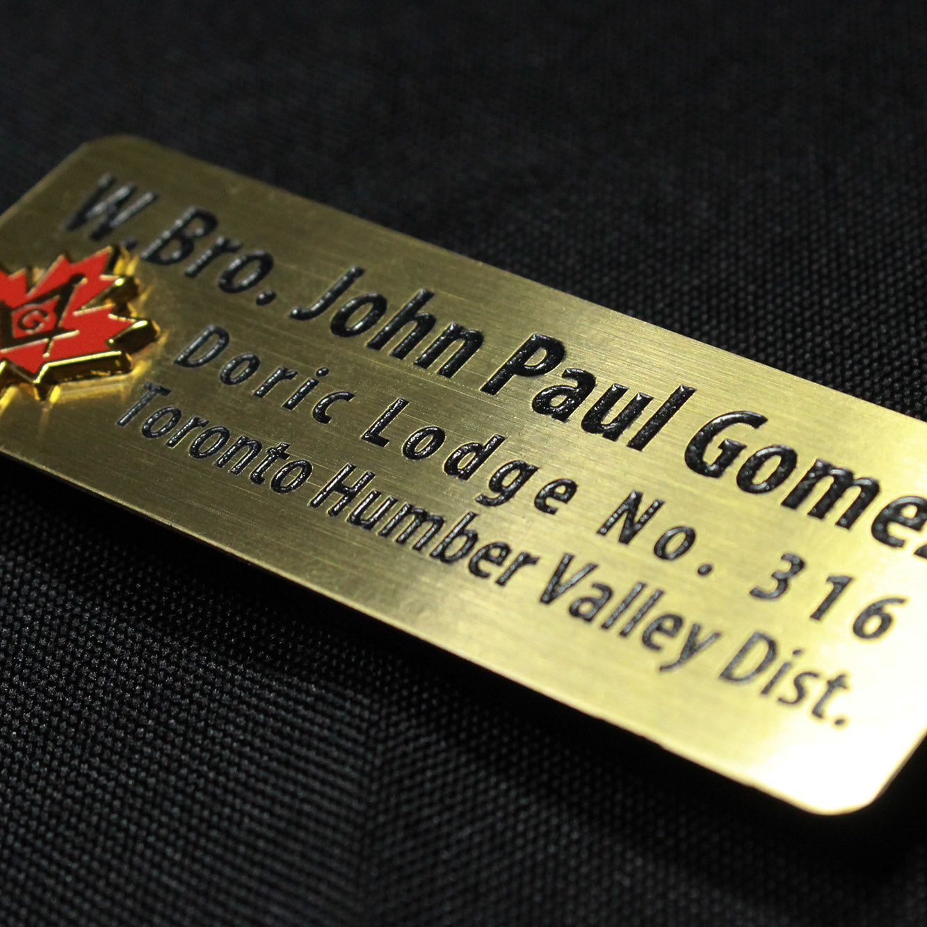 Engraved Brass Name Tag with Canadian Freemason Hard Enamel Badge