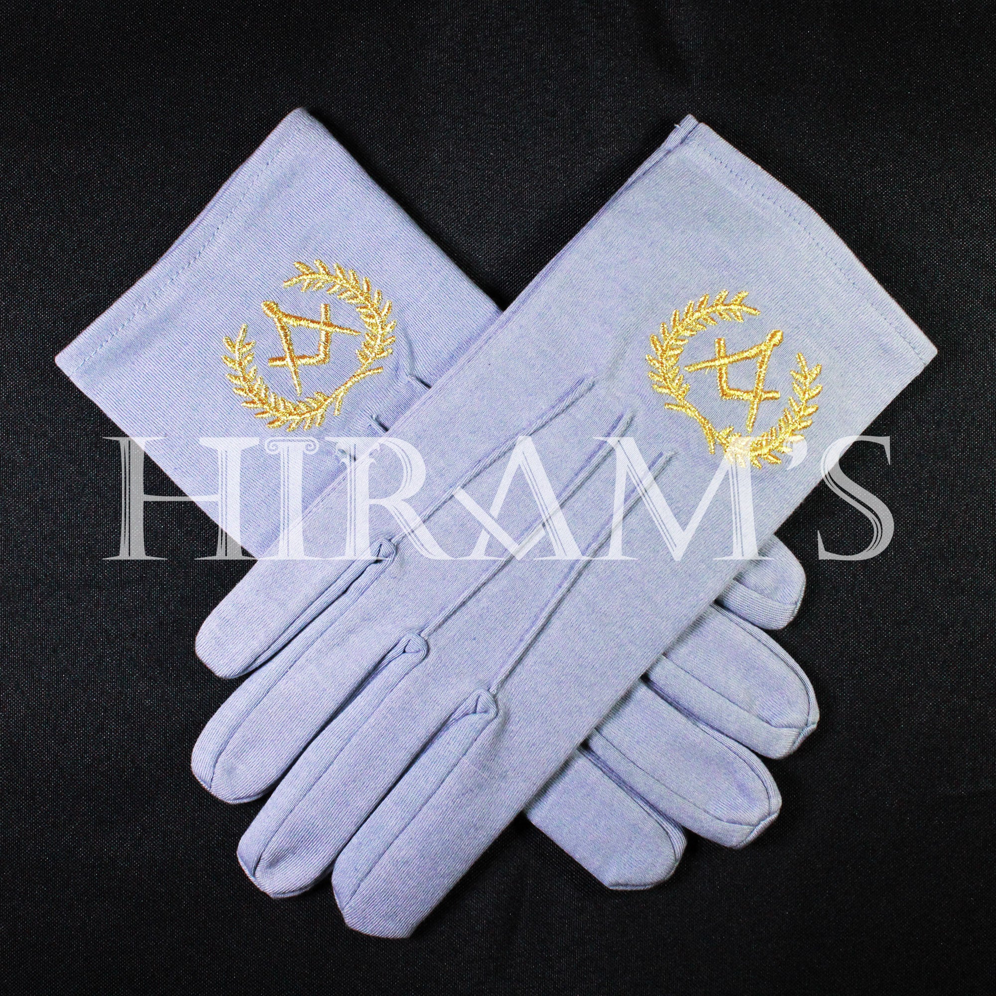 Cotton Gloves, Gray, Gold Masonic Emblem Embroidered