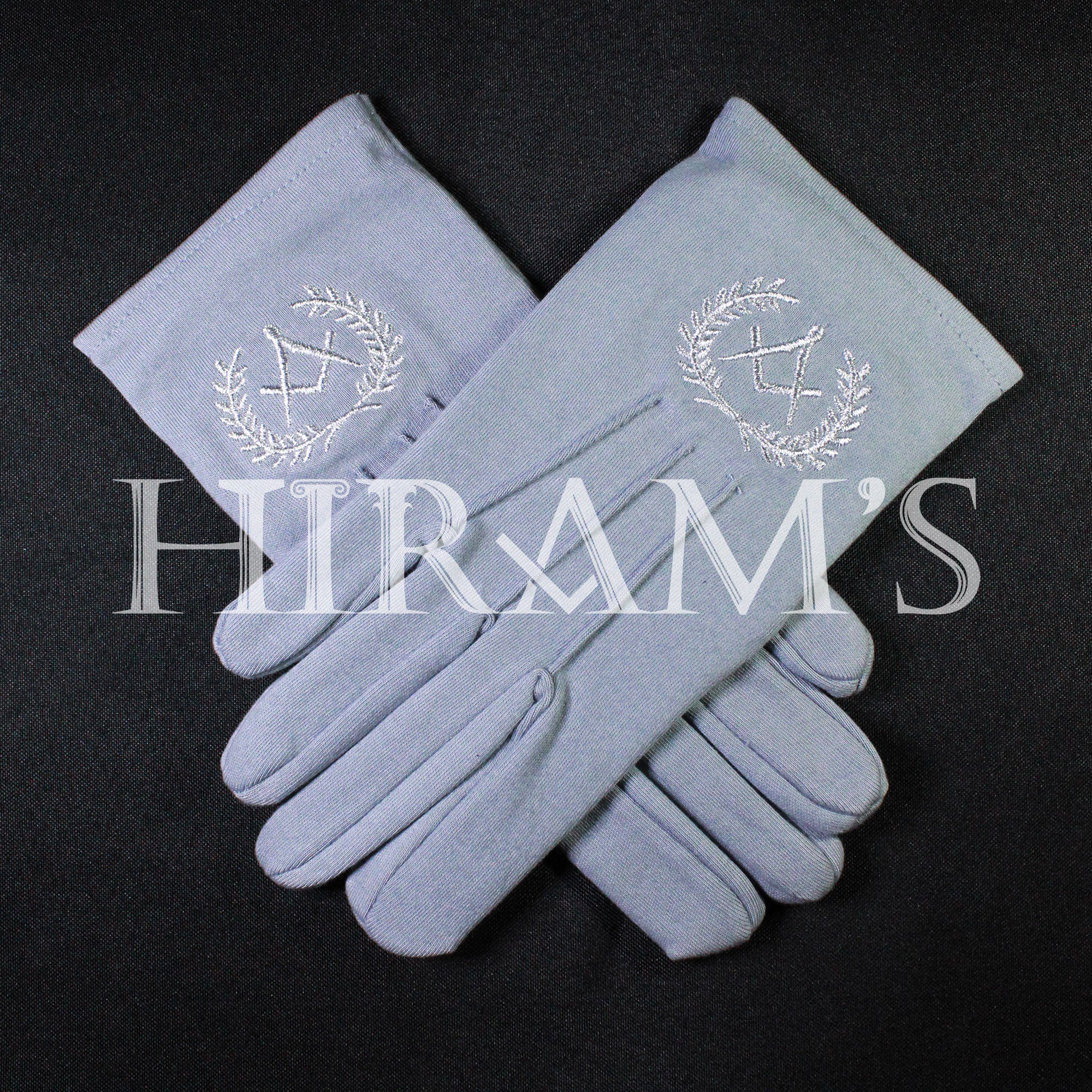 Cotton Gloves, Gray, Silver Masonic Emblem Embroidered